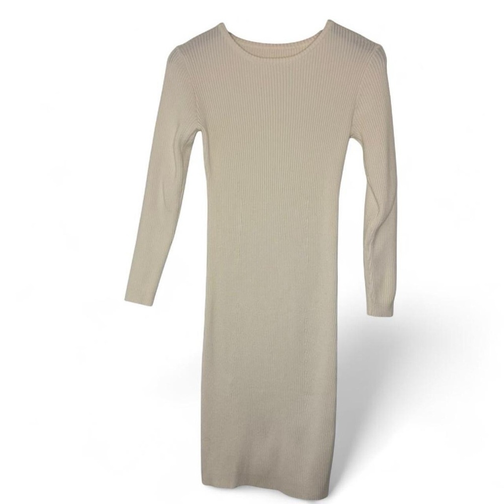 Small Cream White Long Sleeve Knit Ribbed Midi Sweater Dress Bridal Wedding
